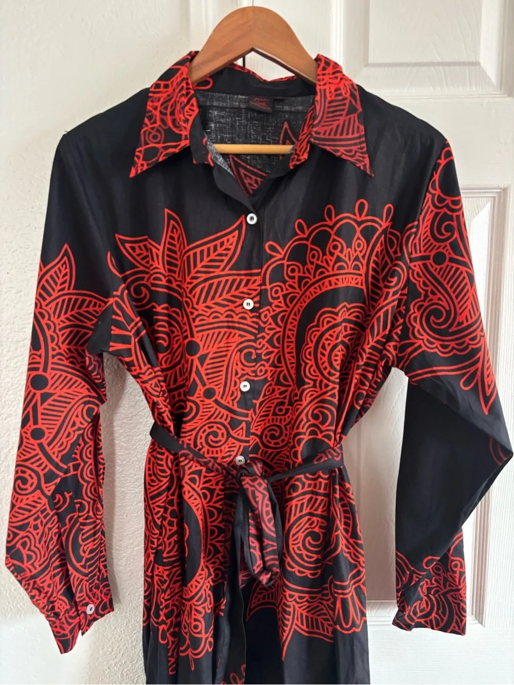Aller Simplement Button Shirt Belted Black Orange Cotton Boho‎ Dress Size XL